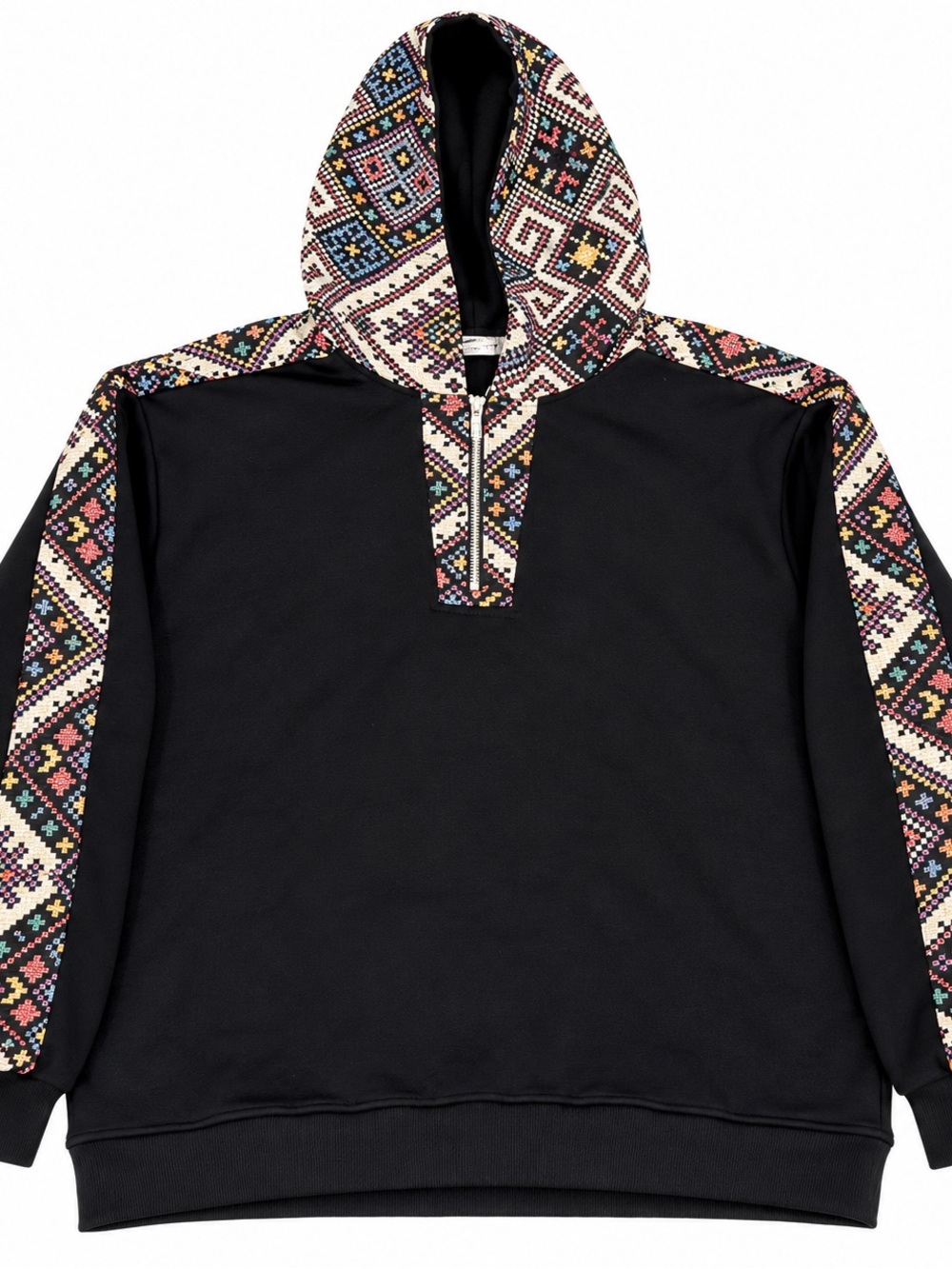 Black Geometric Pattern Quarter Zip Hoodie Size Large